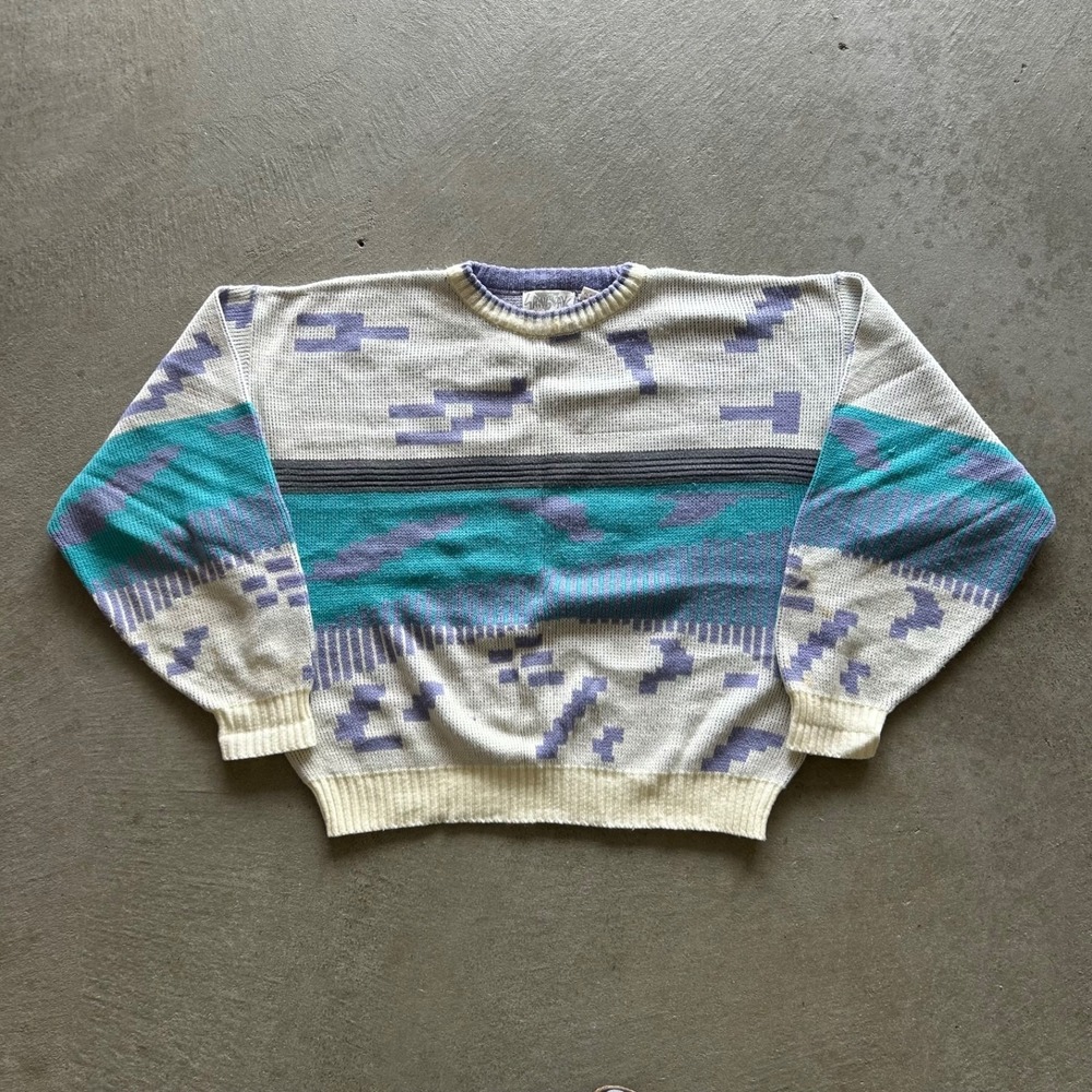 Vintage 90s Saturdays Sweater Size XL White Multicolor Geometric Pullover Knit